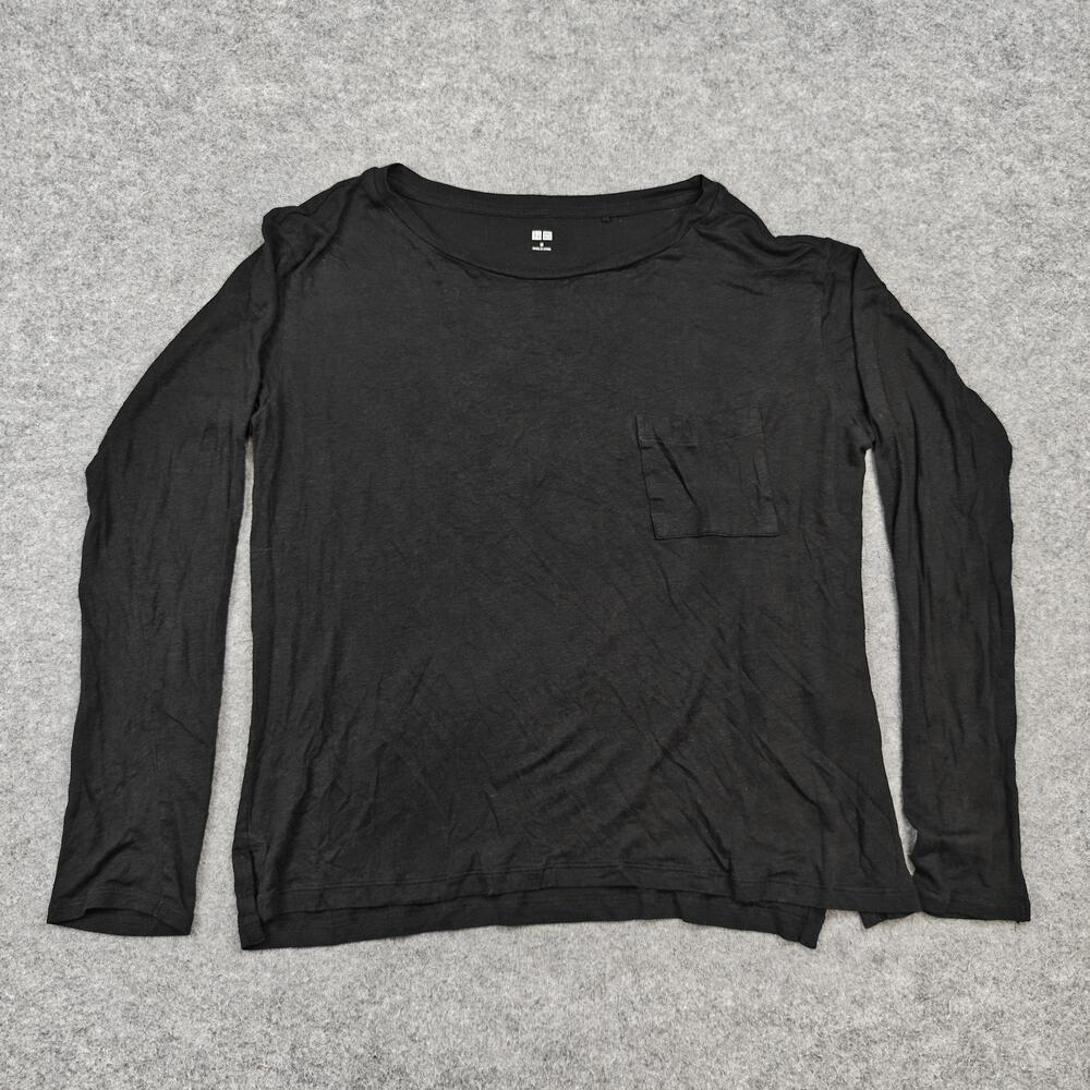 Uniqlo T-Shirt Womens Medium Black Long Sleeve Pocket Modal Linen Basic